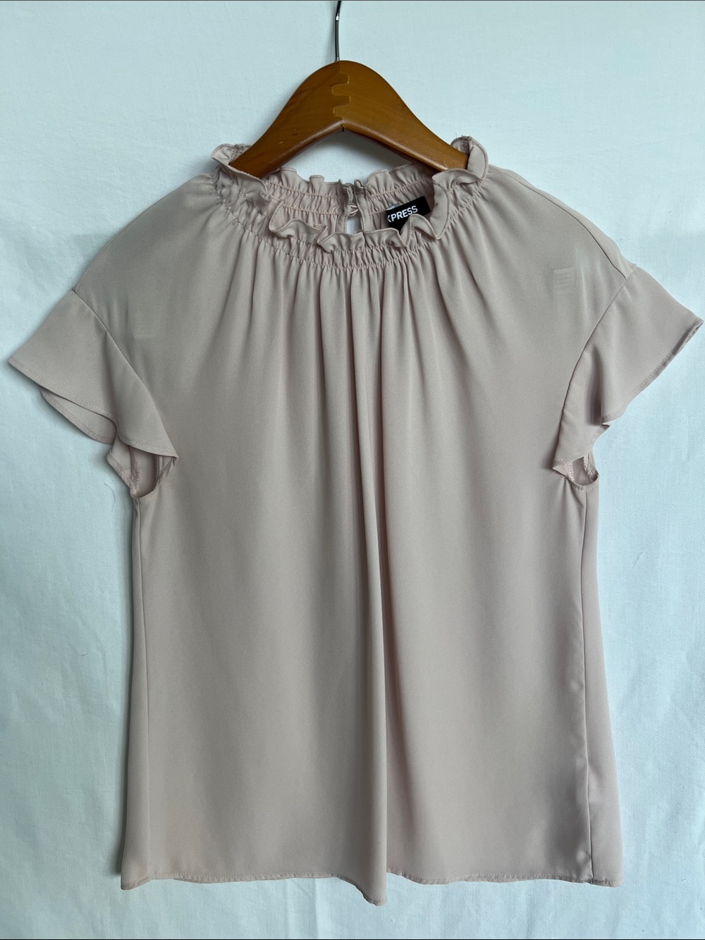 Express Women's Blouse in Blush Pink with Ruffle Neckline